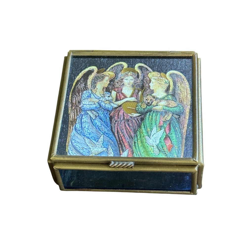 Vintage 1993 Lynn Bywaters Angel Brass Blue Stained Glass Trinket Box